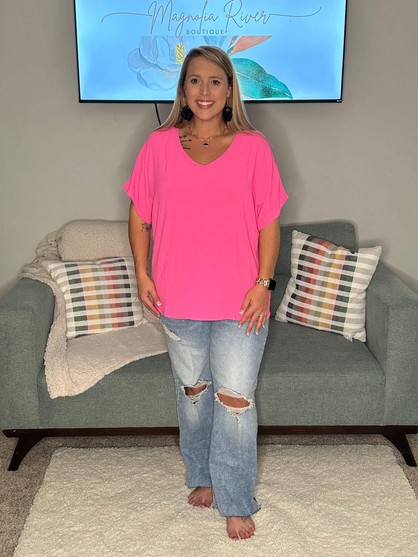 Hot Pink Solid V-Neck Short Sleeve Blouse ( No Pocket)