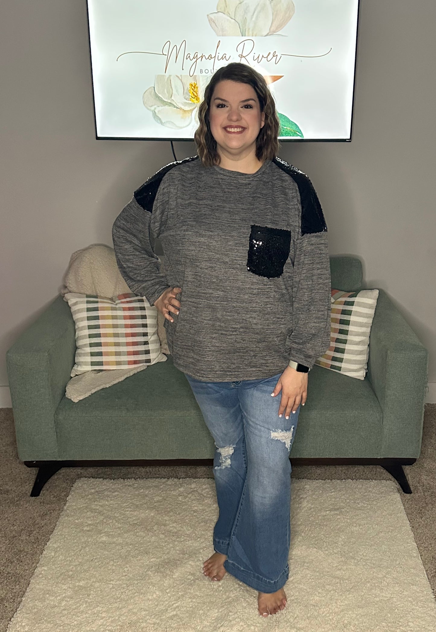 Gray Sequin Patchwork Long Sleeve Plus Size Top