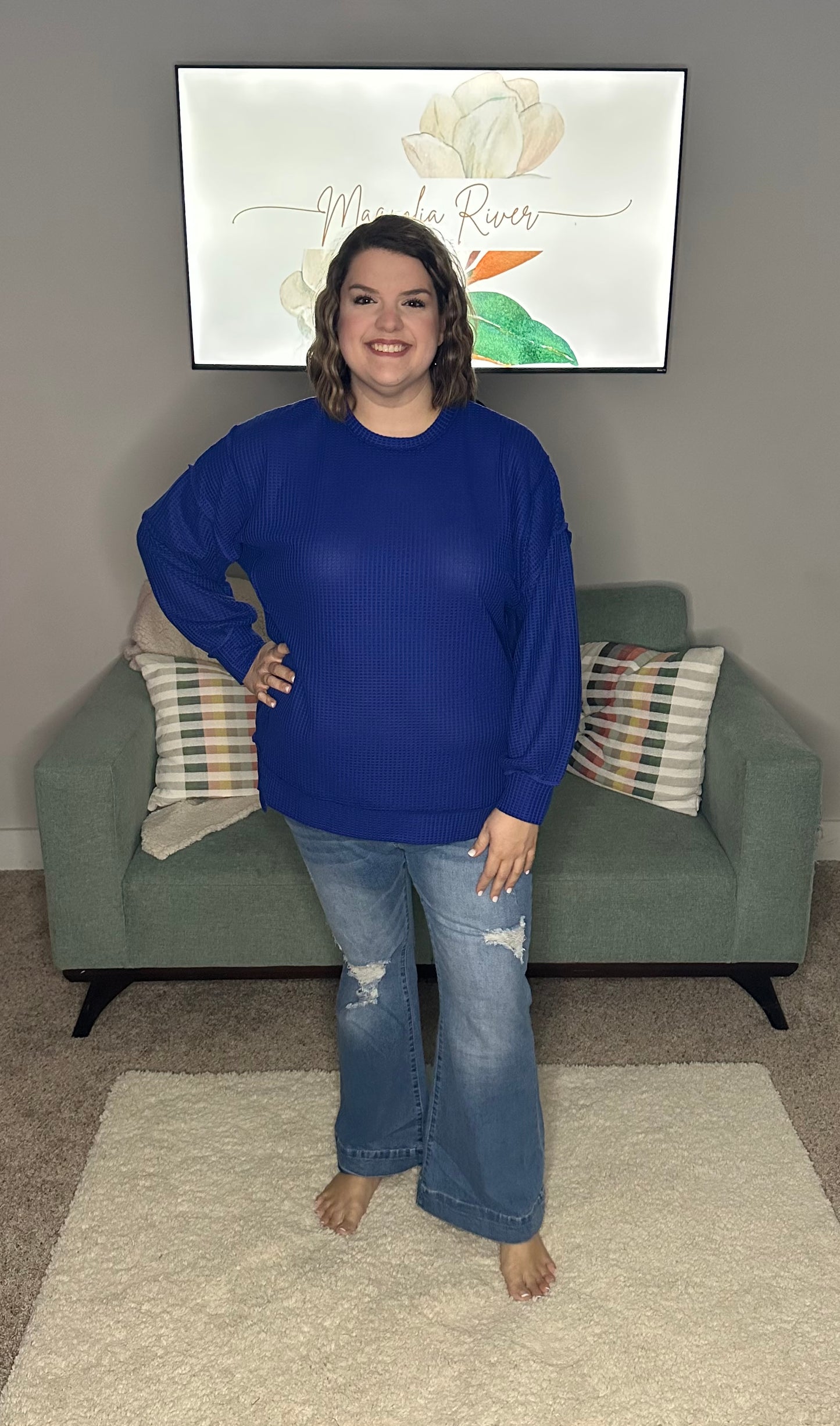 Blue Plus Size Waffle Knit Oversized Exposed Seam Top