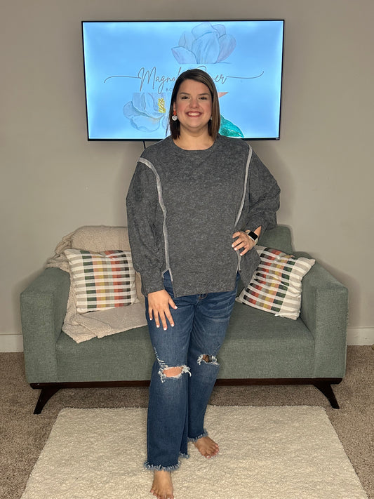 Gray Expose Seamed Washed Split Plus Size Sweatshirt