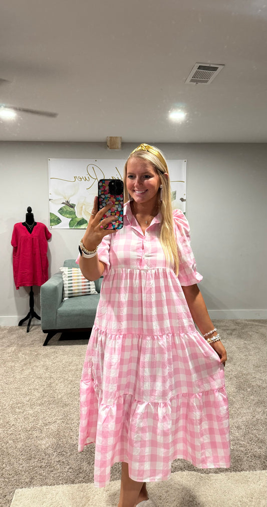 Baby Pink Tiered Gingham Maxi Dress with Puff Sleeves