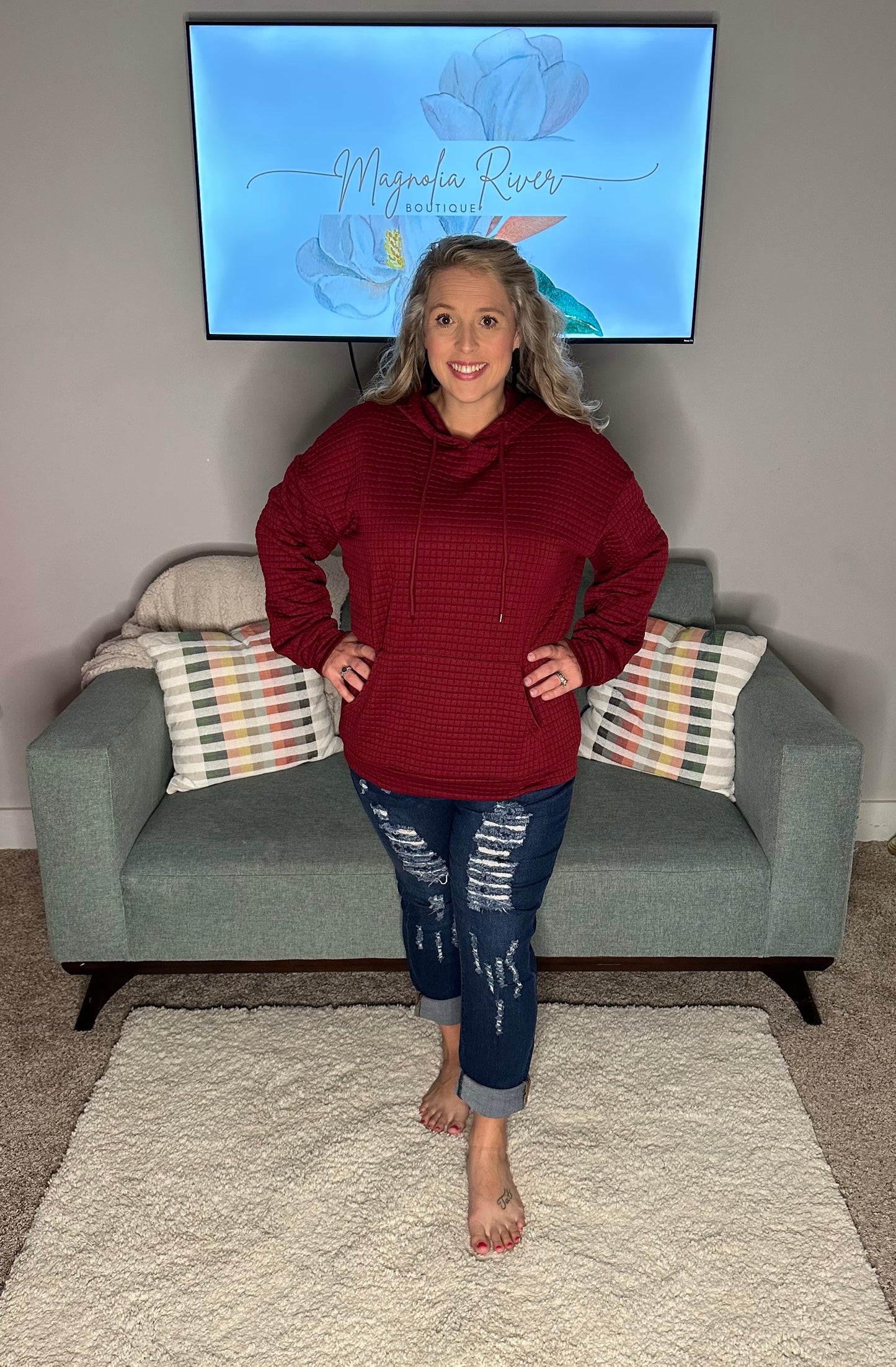 Maroon Quilted Drawstring Pullover