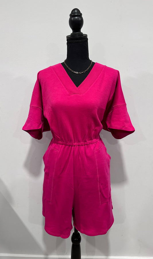 Zenana Magenta Plus Size Drop Shoulder V-Neck Romper with Pockets