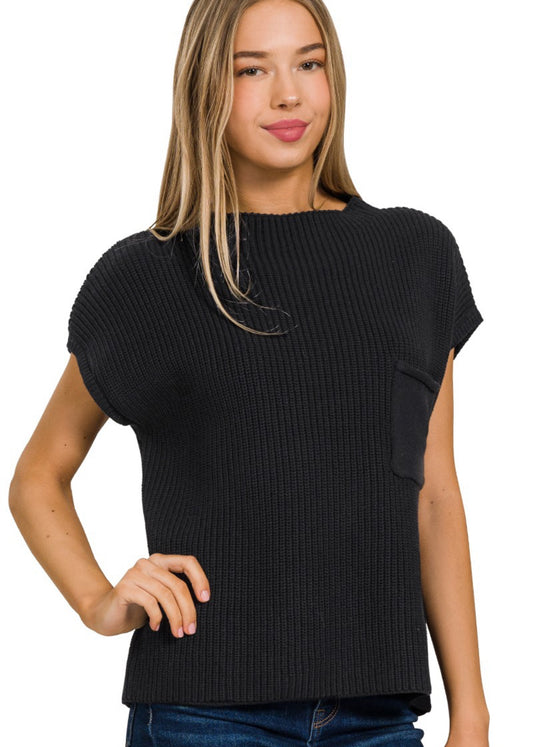 Black Mock Neck Short Sleeve Pocket Sweater