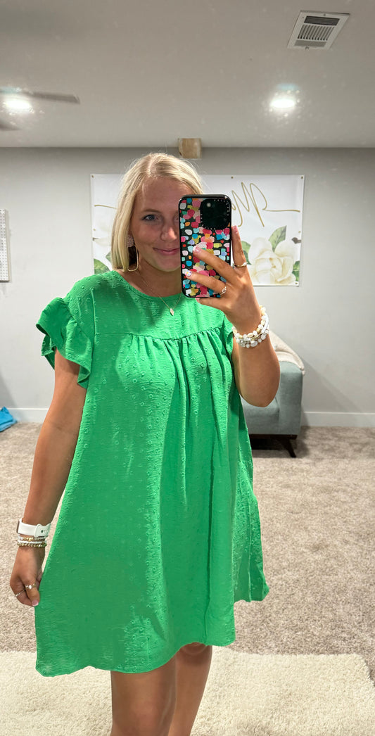 Kelly Green Swiss Dot Ruffled Short Sleeve Midi Dress with Pockets