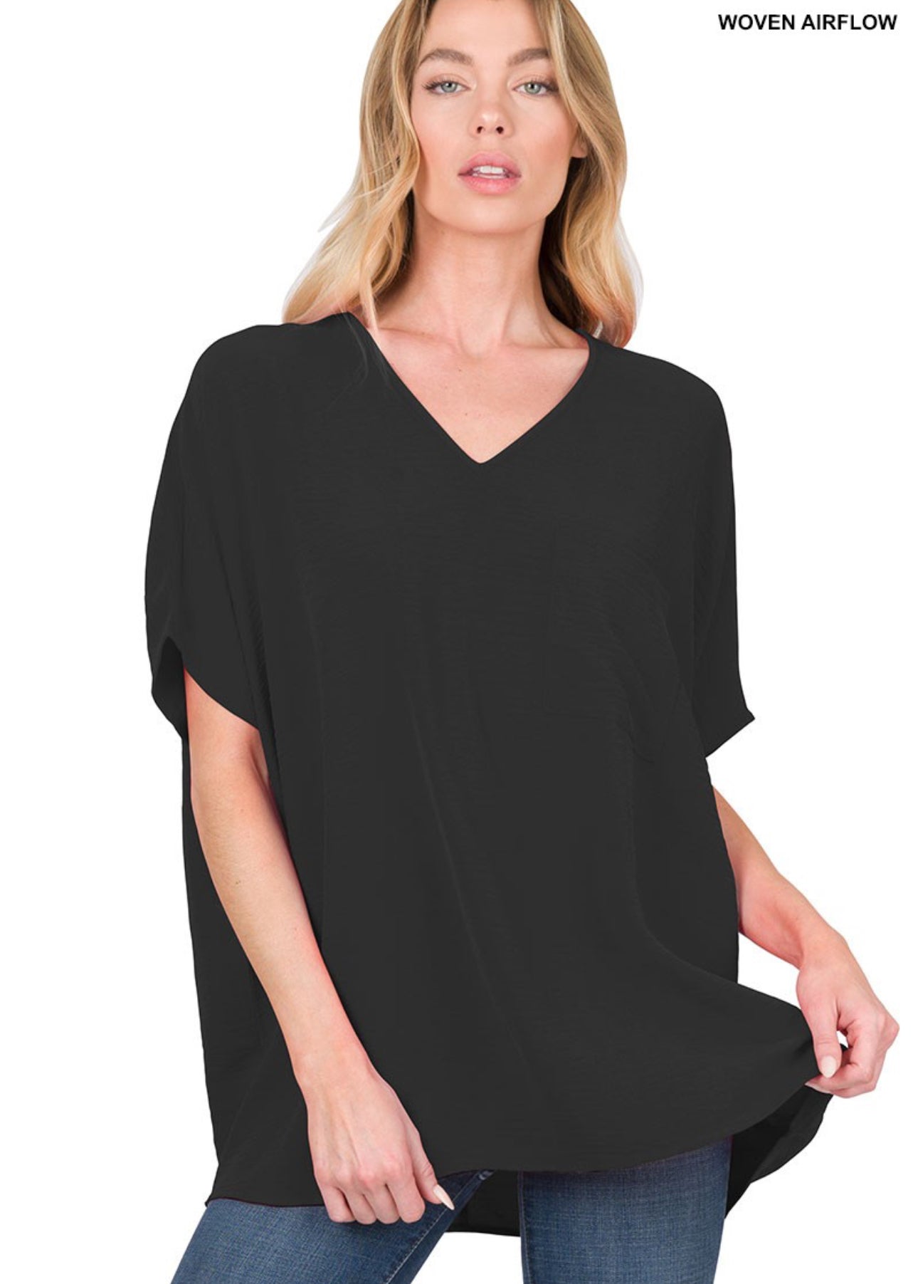 Zenana Woven Airflow Dolman Short Sleeve Top with Pocket