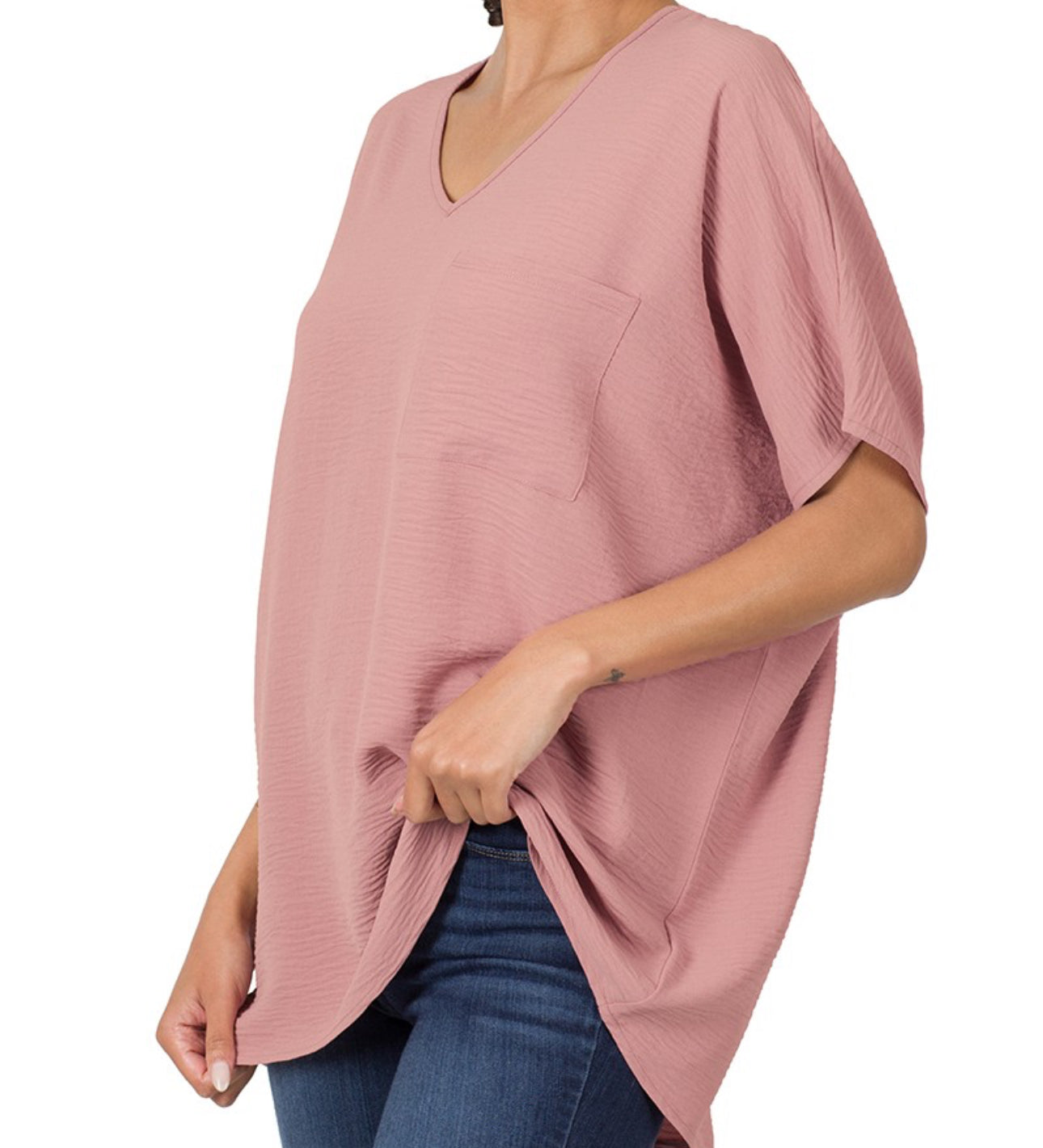 Zenana Woven Airflow Dolman Short Sleeve Top with Pocket