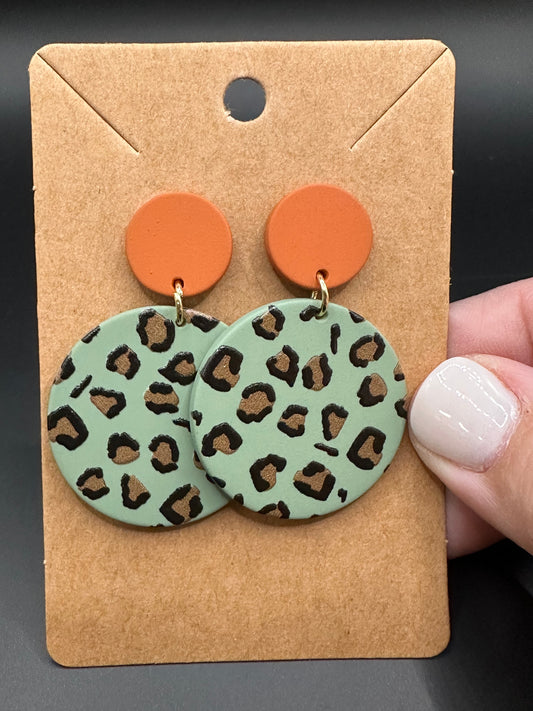 Leopard Print Round Drop Clay Earrings - Green