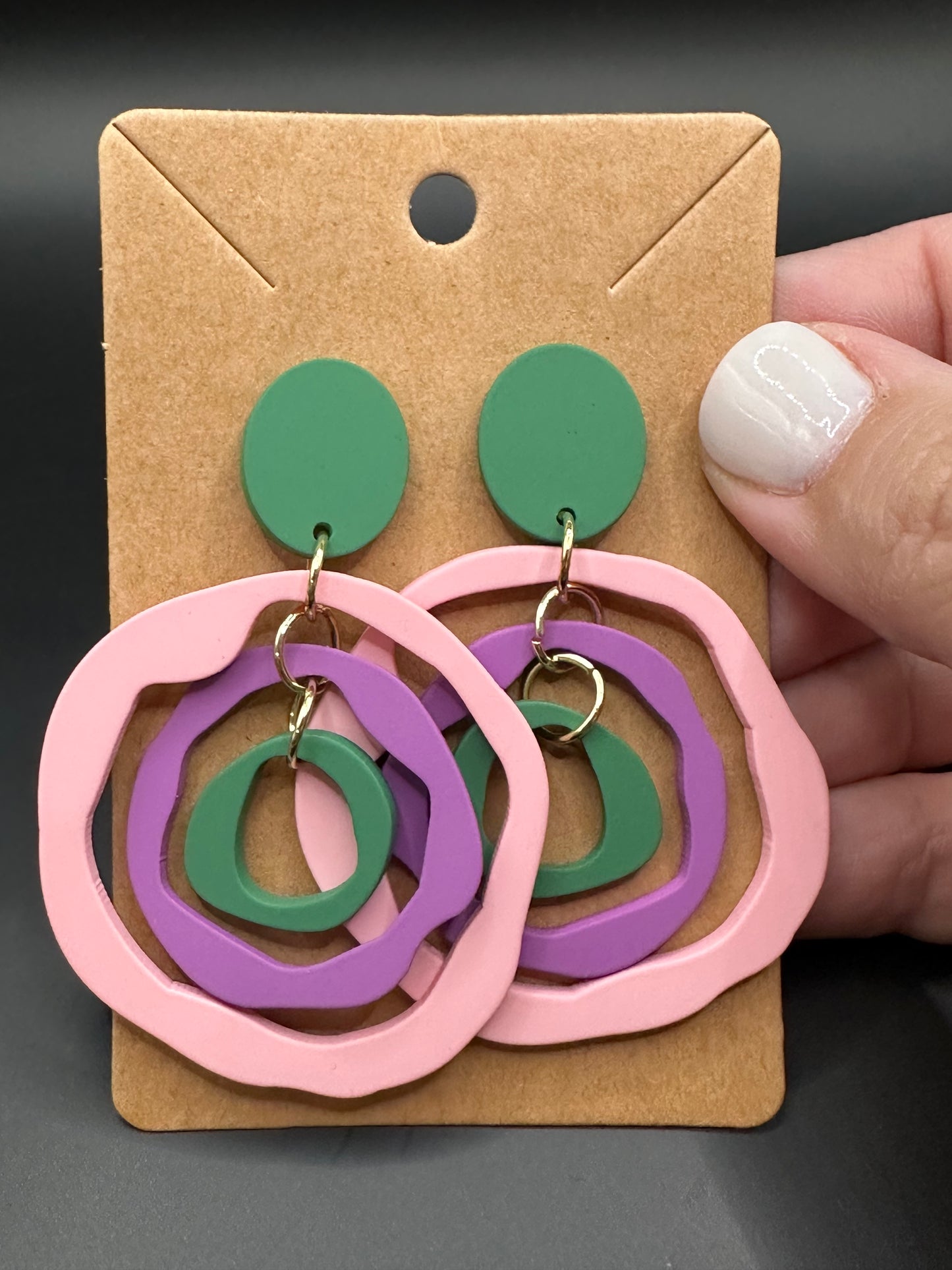 Hollow Cut Out Drop Clay Earrings - Pink and Green