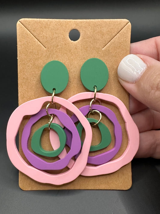 Hollow Cut Out Drop Clay Earrings - Pink and Green