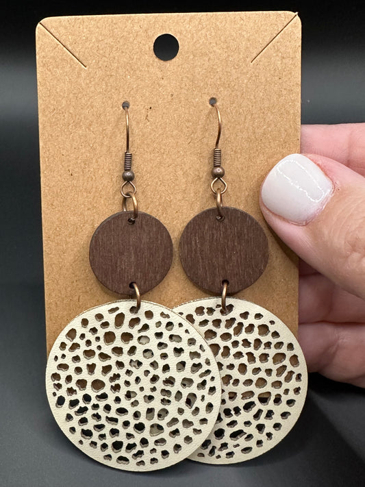 Beige Hollow Out Wooden Round Drop Earrings