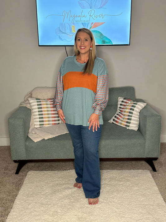 Green Colorblock Striped Bishop Sleeve Plus Size Top