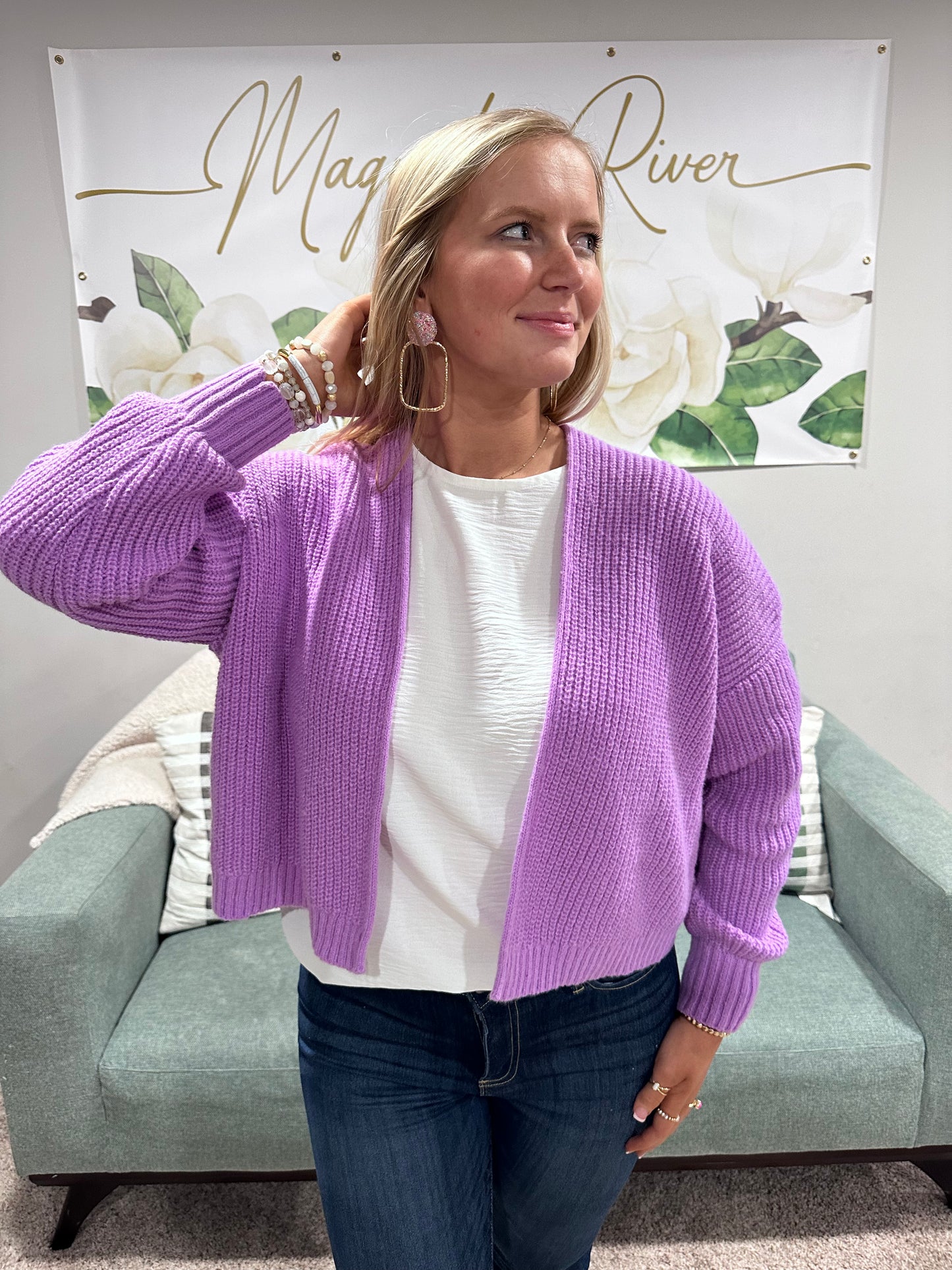 Bright Lavender Zenana Open Front Drop Shoulder Cardigan