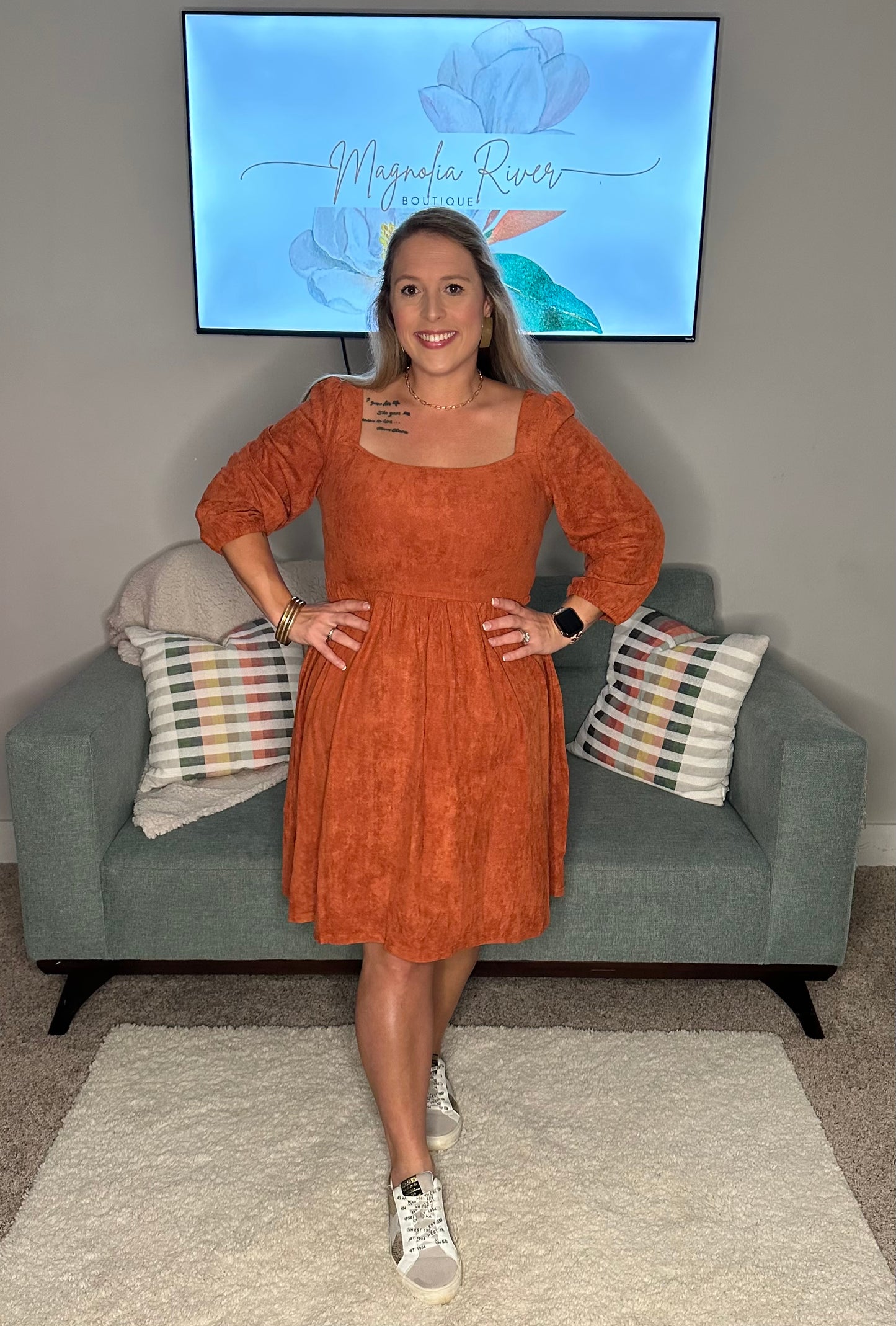 Orange Suede Square Neck Puff Sleeve Dress