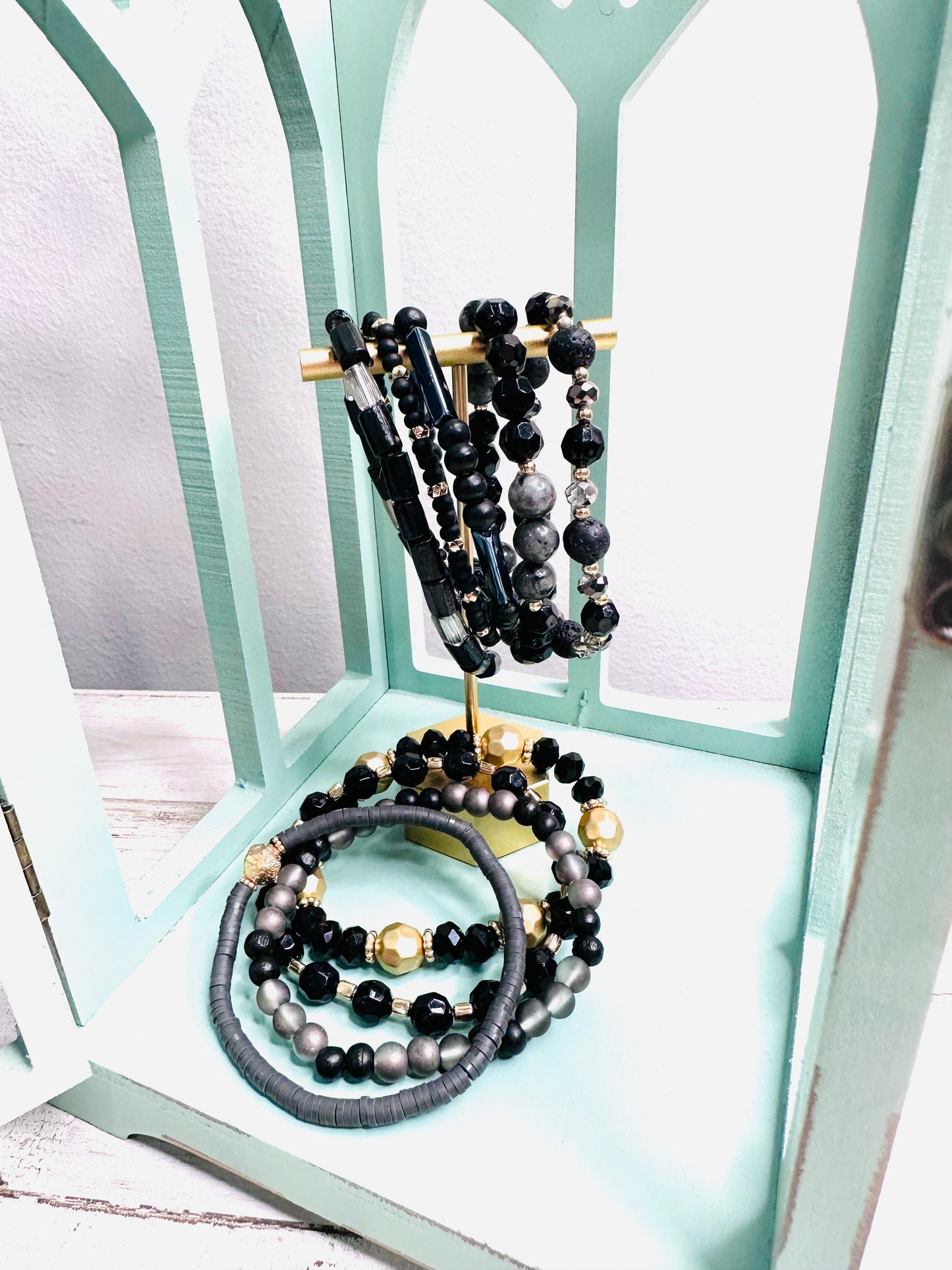 Mix Beads Layered Bracelet Set - Black