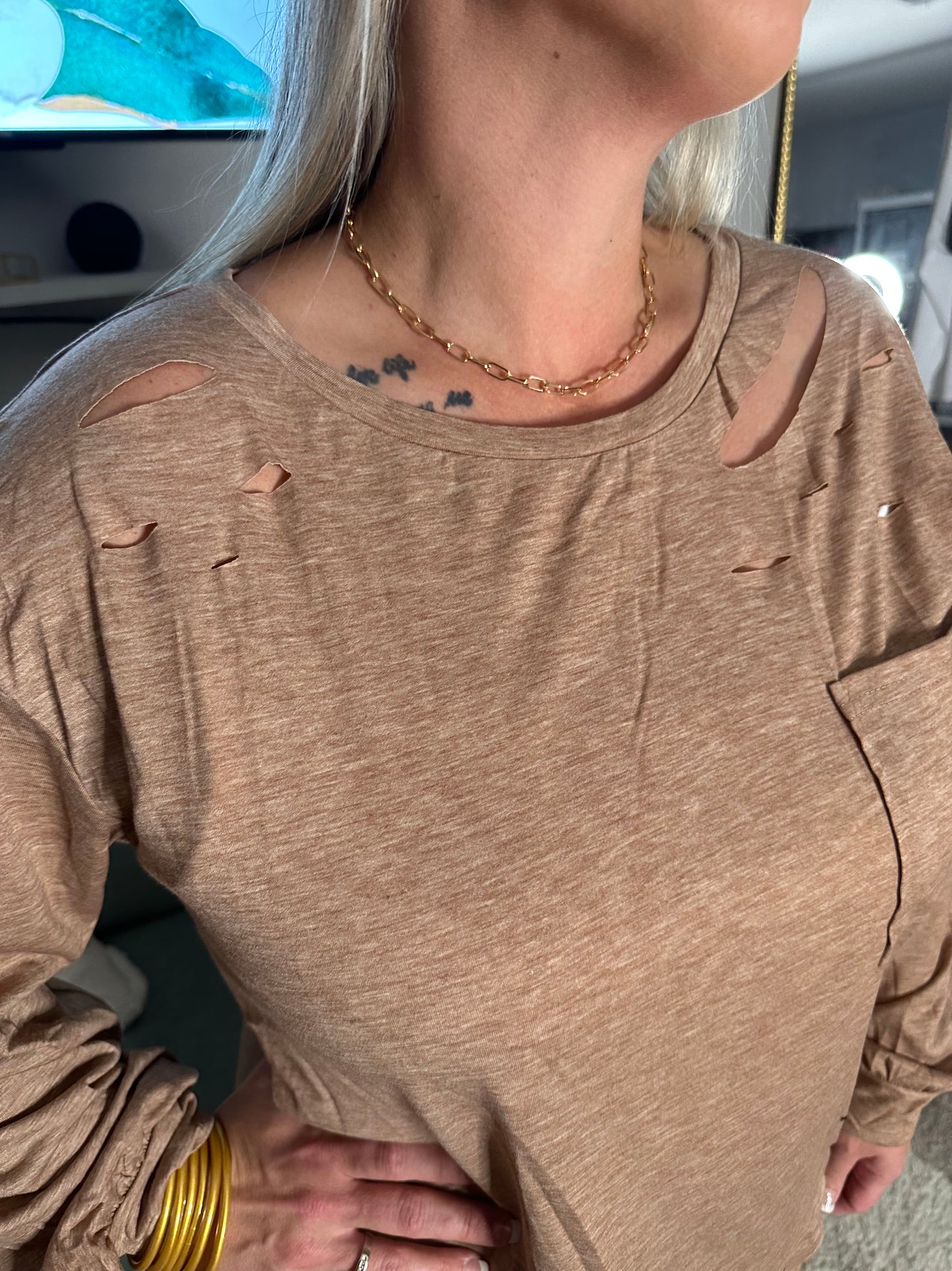 Hot Cocoa Distressed Cutout Long Sleeve Top