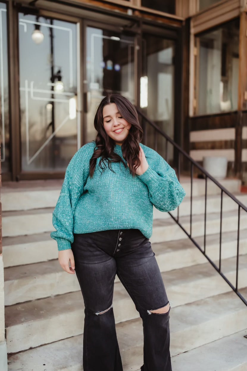 Teal Cable Knit Drop Shoulder Sweater