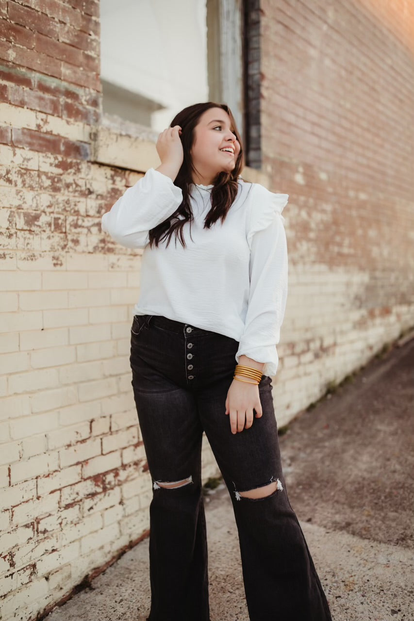 White Frilled Neck Ruffle Long Sleeve Top