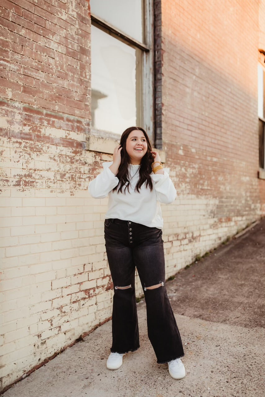 White Frilled Neck Ruffle Long Sleeve Top