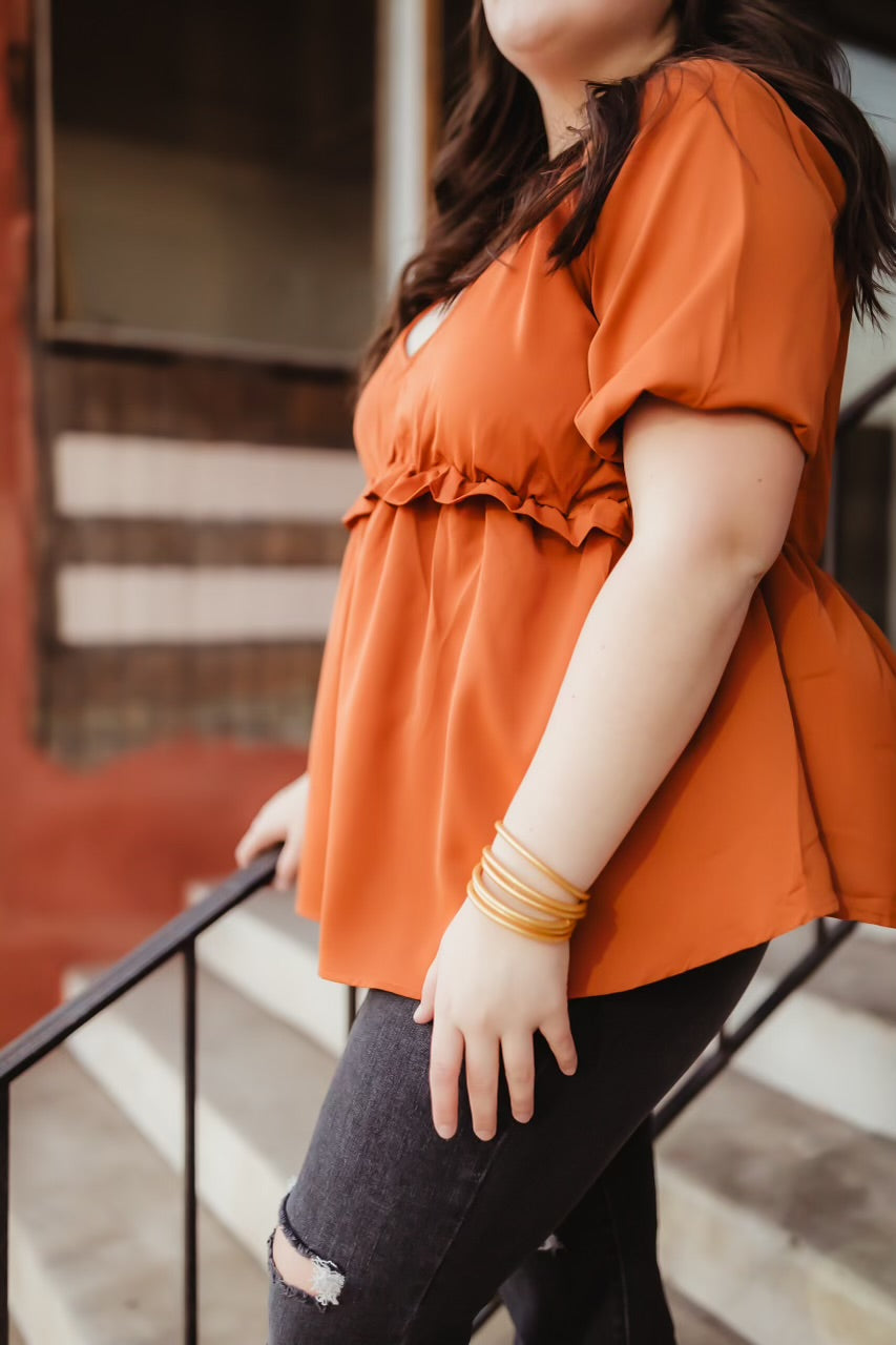 Ruffle V-Neck Babydoll Plus Size Blouse- Rust