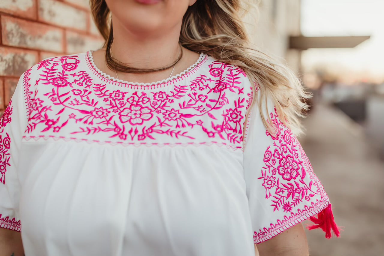 White & Hot Pink Embroidered Floral Top