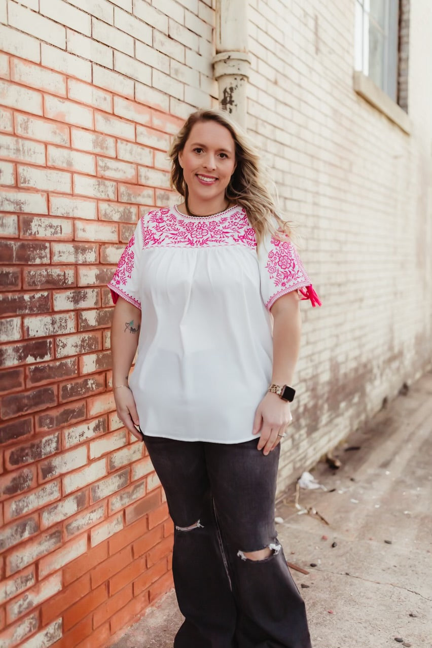 White & Hot Pink Embroidered Floral Top