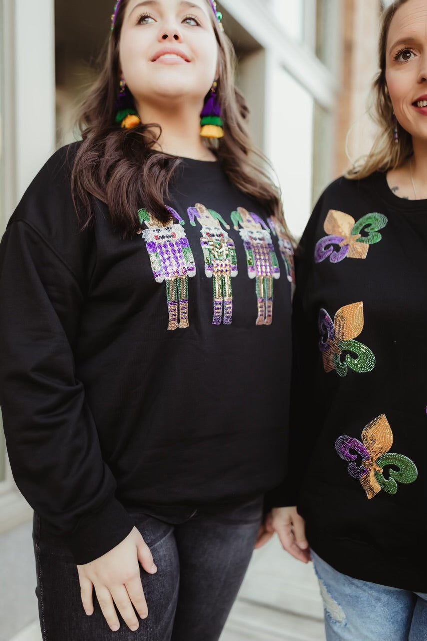 Black Mardi Gras Glitter Sequin Jester Patch Sweatshirt