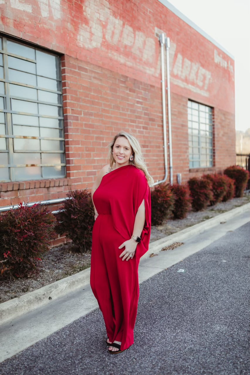 Oddi One-Shoulder Woven Jumpsuit- Dark Red