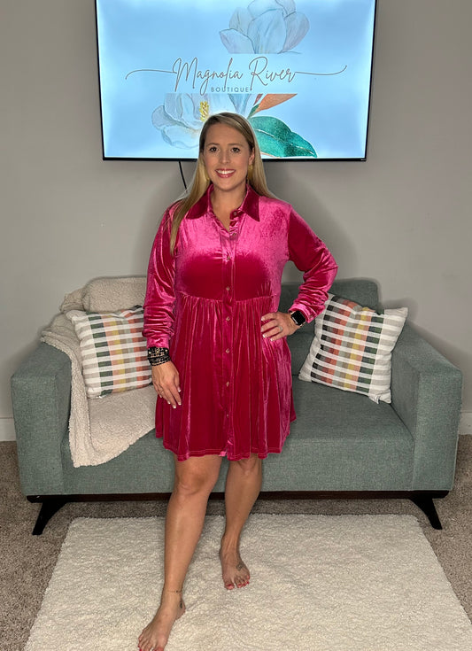 Rose Velvet Button Up Long Sleeve Dress- Plus Size