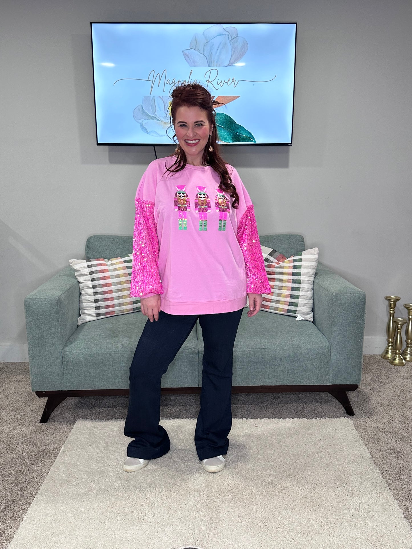 Pink Sequin Sleeve Nutcracker Plus Size Sweatshirt