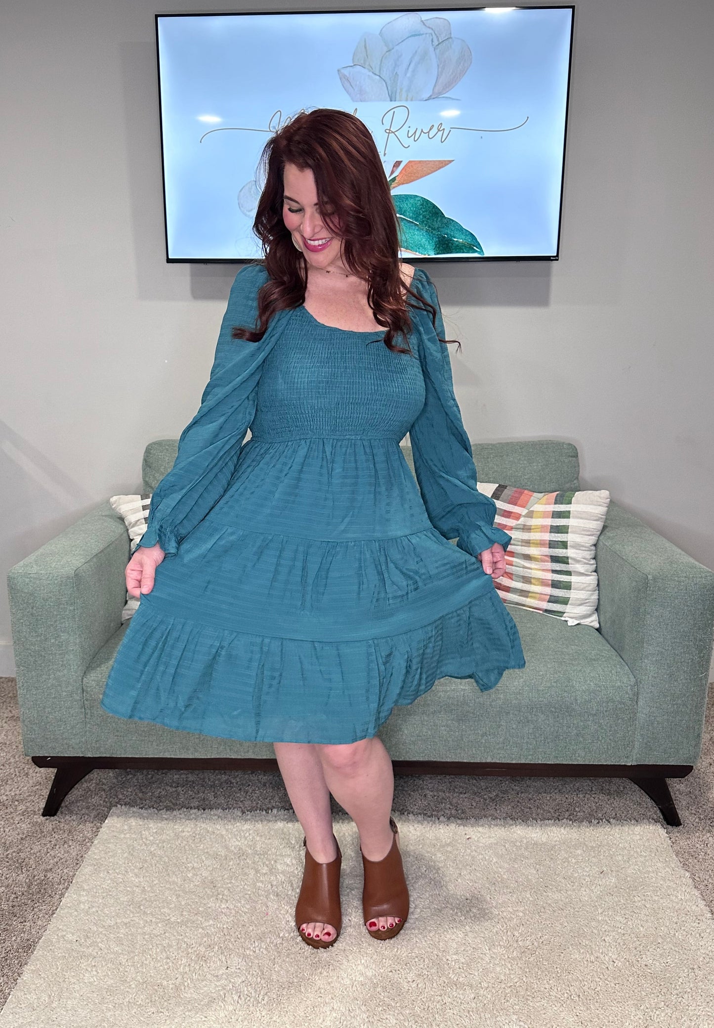 Mist Green Bishop Sleeve Smoked Tiered Mini Dress