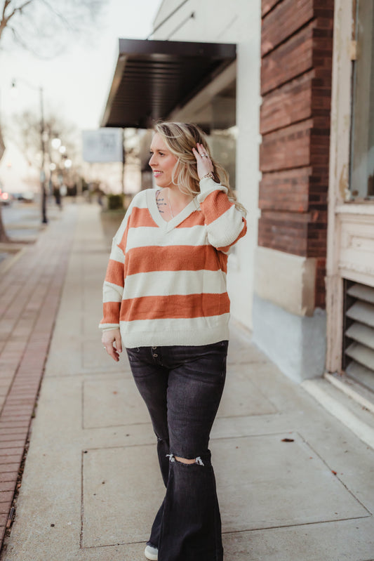 Rust and White Striped V- Neck Loose Fit Sweater