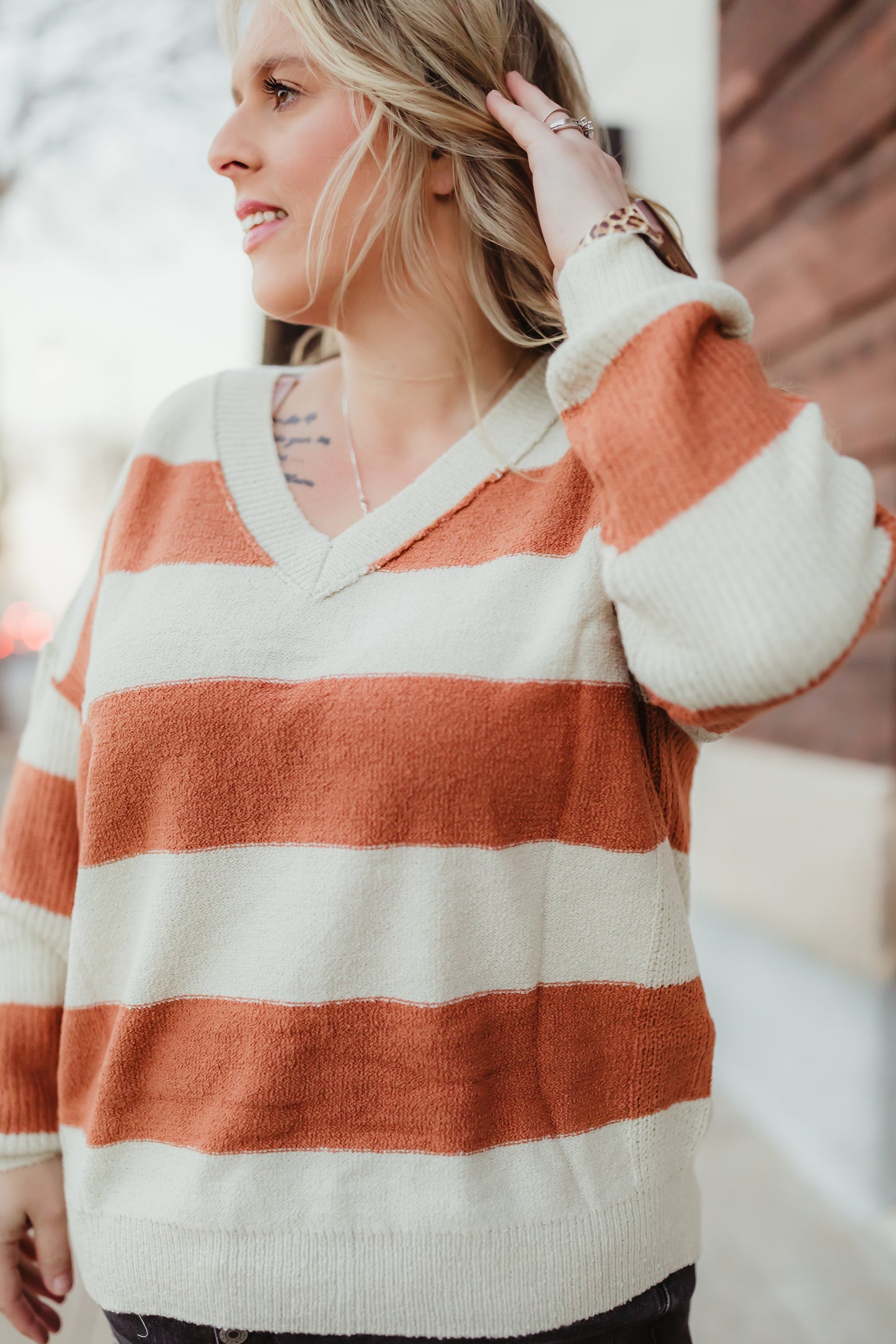 Rust and White Striped V- Neck Loose Fit Sweater