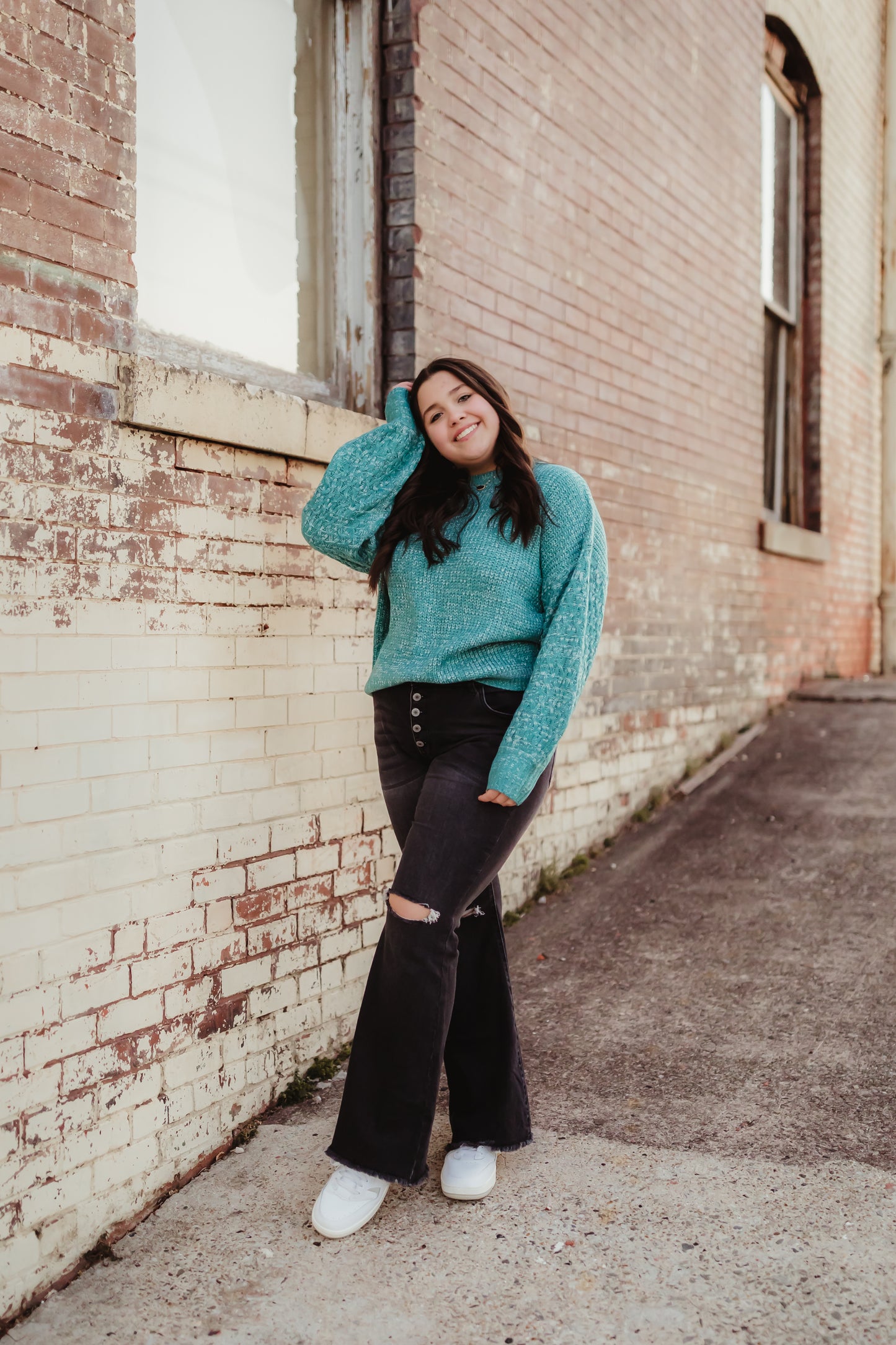 Teal Cable Knit Drop Shoulder Sweater