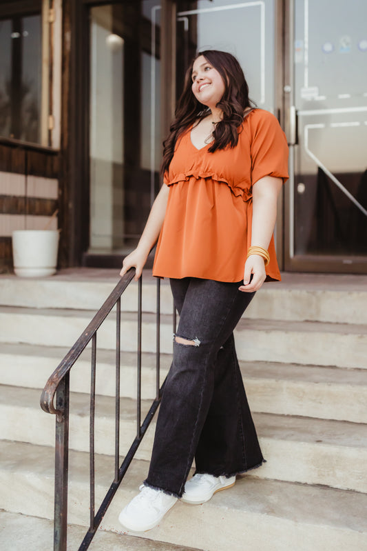 Ruffle V-Neck Babydoll Plus Size Blouse- Rust