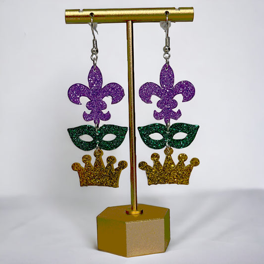 Crown Mardi Gras Dangle Earrings