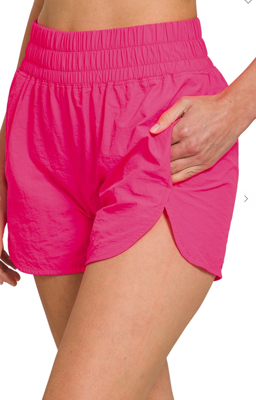 Fuchsia Smocked Waistband Windbreaker Shorts