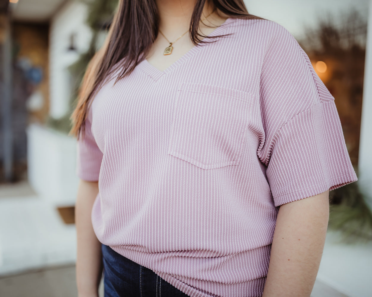 Dusty Rose Ribbed V-Neck Loose T-Shirt